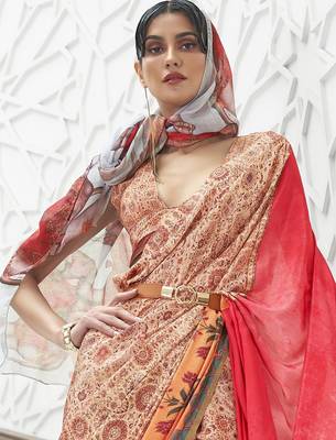 beige floral printed crepe bagru saree 3