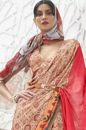 beige floral printed crepe bagru saree