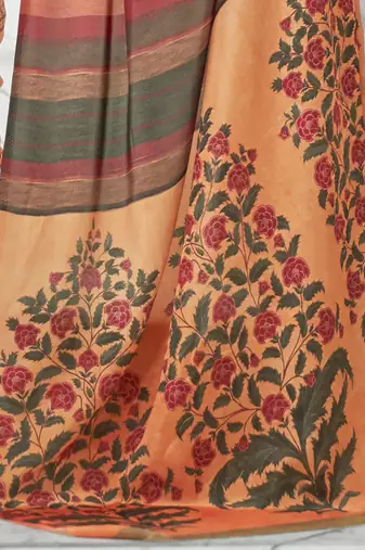 beige floral printed crepe bagru saree