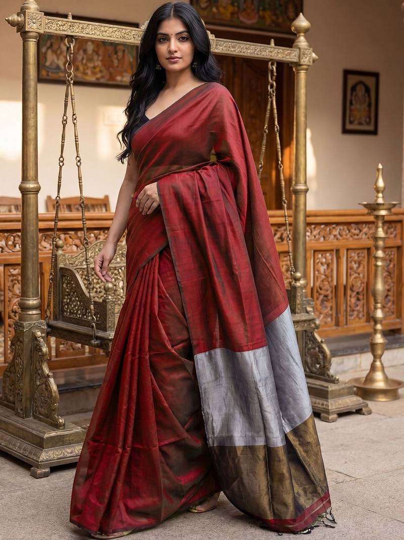 red woven design zari cotton blend khadi saree