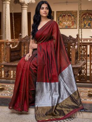 red woven design zari cotton blend khadi saree 4