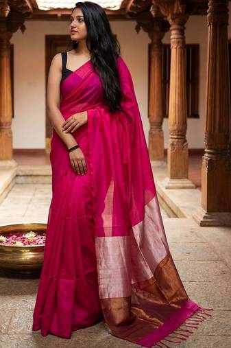 magenta zari cotton blend handloom khadi saree