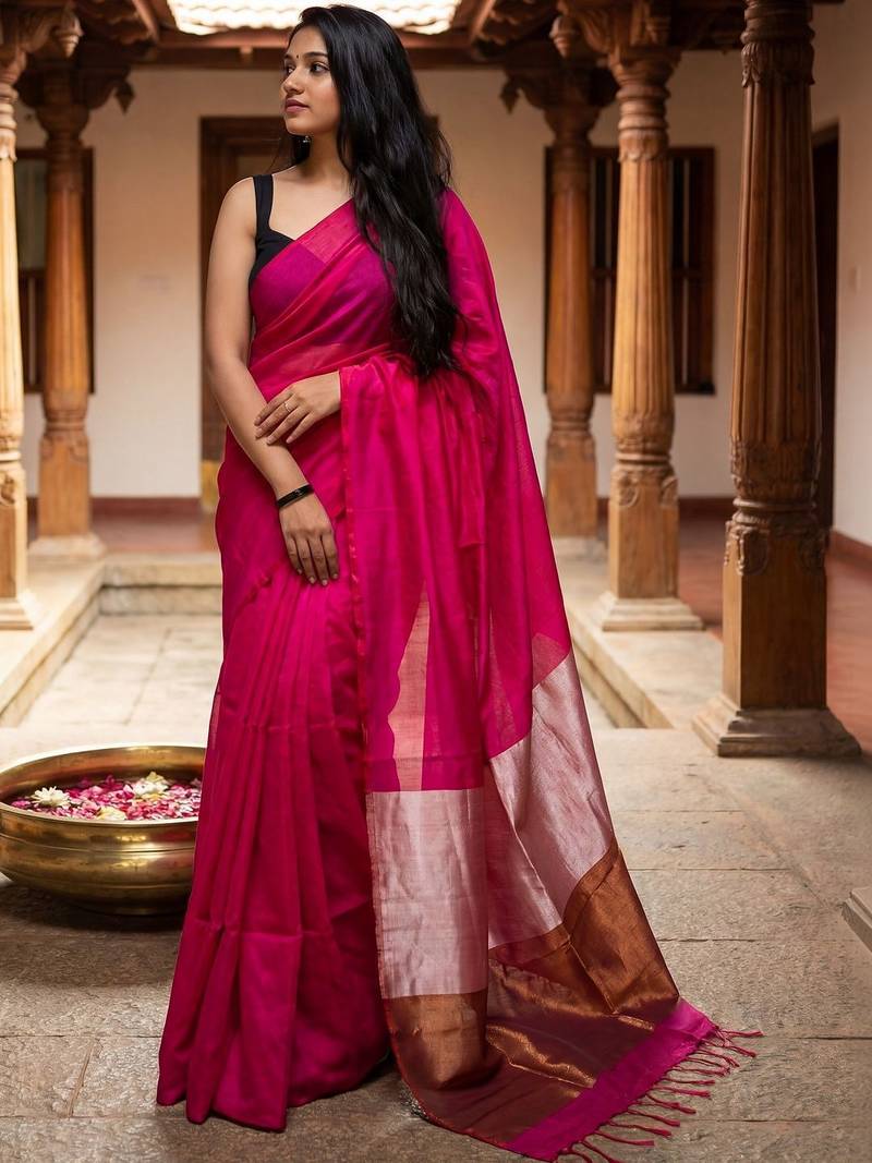 magenta zari cotton blend handloom khadi saree