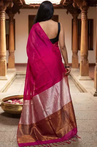 magenta zari cotton blend handloom khadi saree