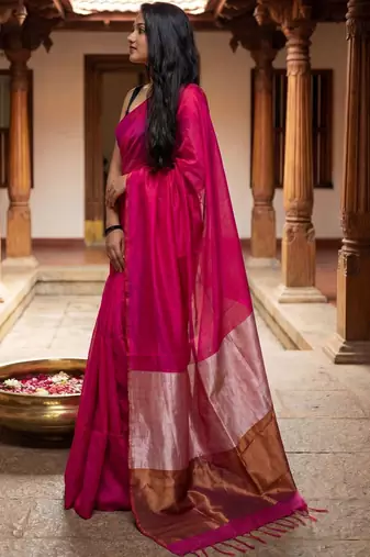 magenta zari cotton blend handloom khadi saree
