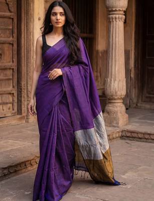 purple zari cotton blend khadi saree 1
