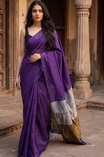 purple zari cotton blend khadi saree