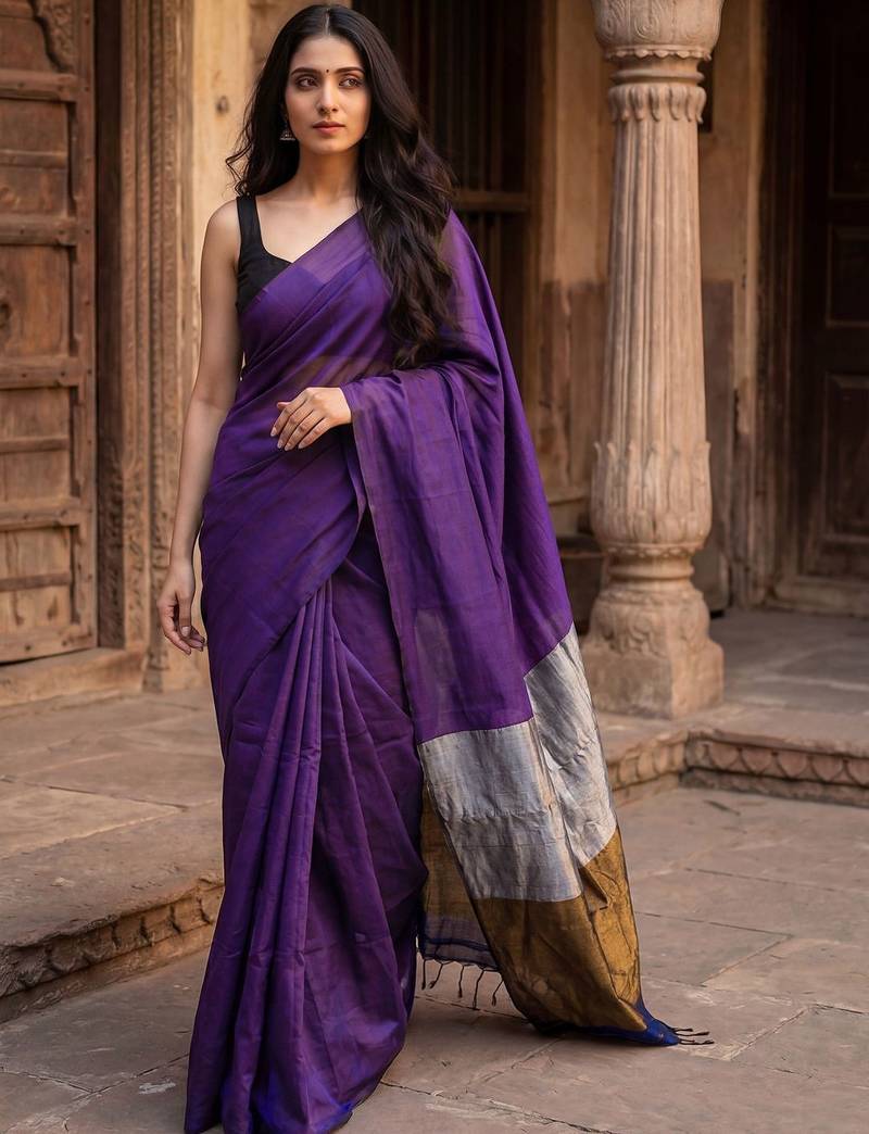 purple zari cotton blend khadi saree