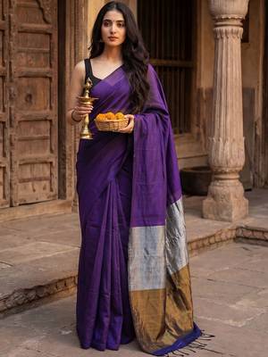 purple zari cotton blend khadi saree 3