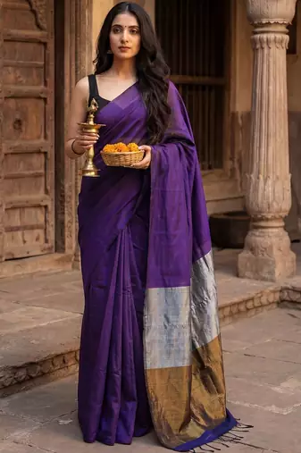 purple zari cotton blend khadi saree