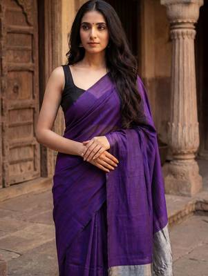 purple zari cotton blend khadi saree 4