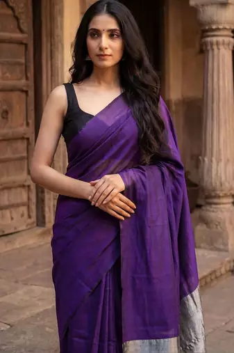 purple zari cotton blend khadi saree