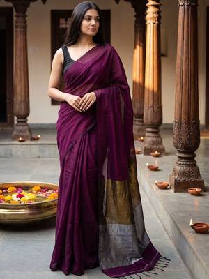 purple zari cotton blend handloom khadi saree 1