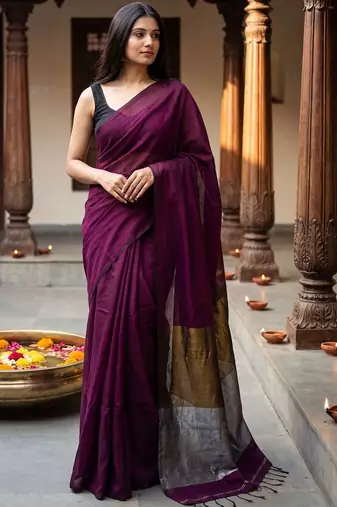 purple zari cotton blend handloom khadi saree