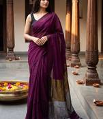 purple zari cotton blend handloom khadi saree