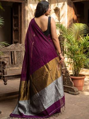 purple zari cotton blend handloom khadi saree 2