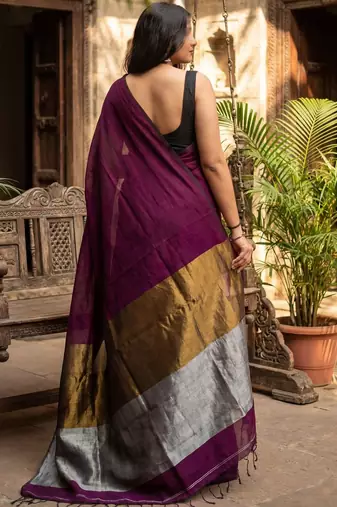 purple zari cotton blend handloom khadi saree
