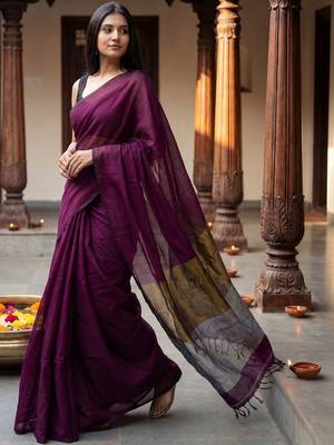 purple zari cotton blend handloom khadi saree 3