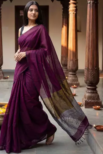 purple zari cotton blend handloom khadi saree
