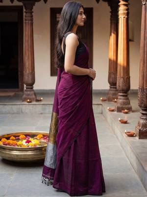 purple zari cotton blend handloom khadi saree 4