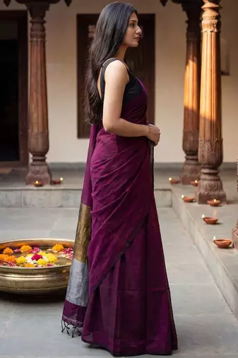 purple zari cotton blend handloom khadi saree