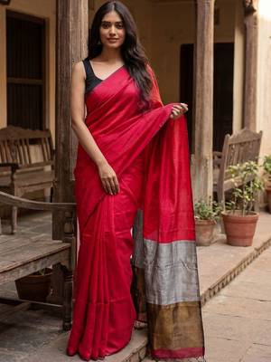red woven design zari cotton blend khadi saree 1