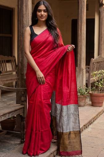 red woven design zari cotton blend khadi saree