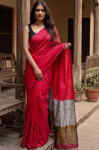 red woven design zari cotton blend khadi saree