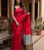 red woven design zari cotton blend khadi saree