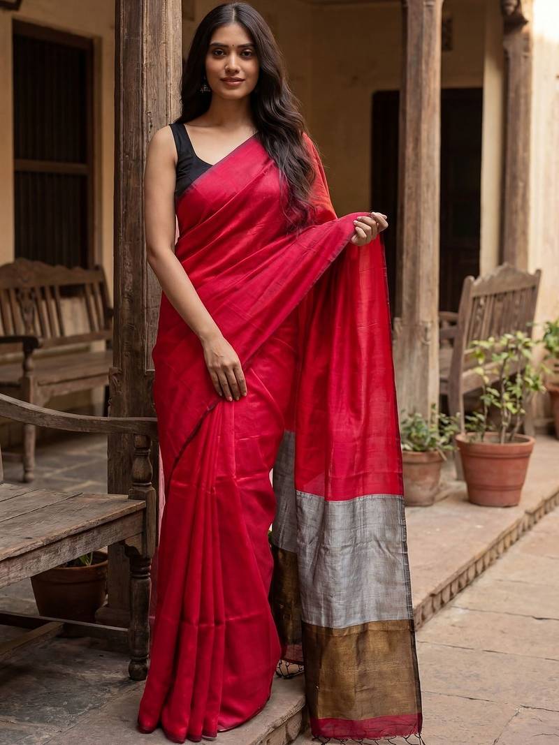 red woven design zari cotton blend khadi saree