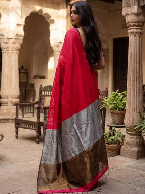 red woven design zari cotton blend khadi saree 2