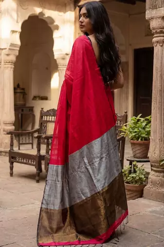 red woven design zari cotton blend khadi saree