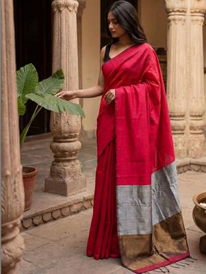 red woven design zari cotton blend khadi saree 3