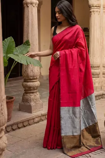 red woven design zari cotton blend khadi saree