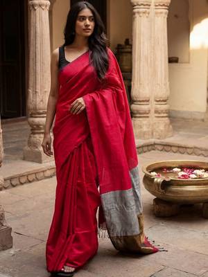 red woven design zari cotton blend khadi saree 4
