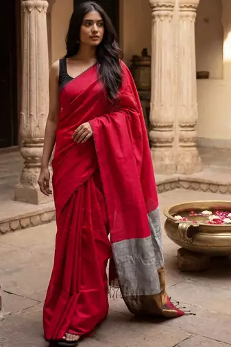 red woven design zari cotton blend khadi saree