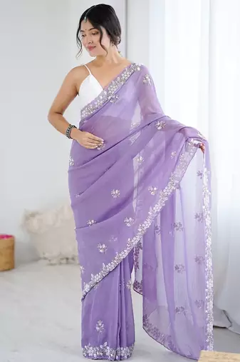 lavender women lavendar embellished beads & stones chiffon designer saree