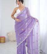 lavender women lavendar embellished beads & stones chiffon designer saree