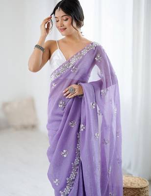 lavender women lavendar embellished beads & stones chiffon designer saree 2