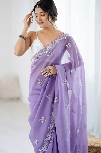 lavender women lavendar embellished beads & stones chiffon designer saree