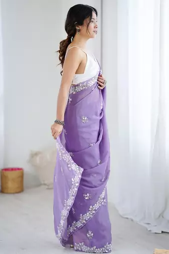 lavender women lavendar embellished beads & stones chiffon designer saree