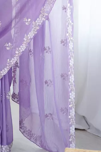 lavender women lavendar embellished beads & stones chiffon designer saree