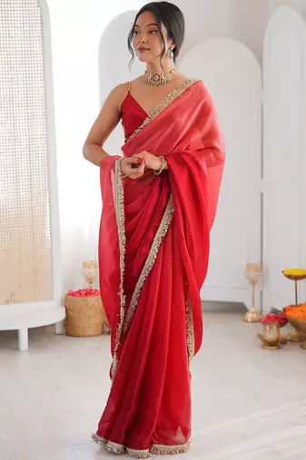 Red ombre sequinned tissue saree