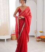 Red ombre sequinned tissue saree