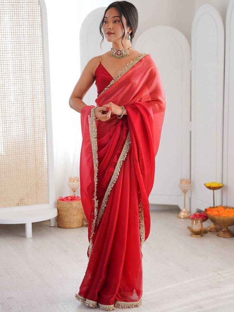 Red ombre sequinned tissue saree
