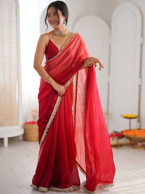 Red ombre sequinned tissue saree 2