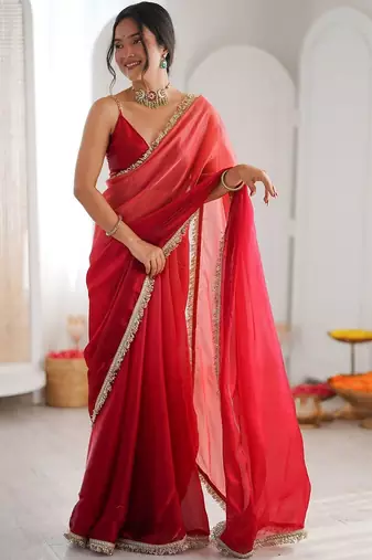Red ombre sequinned tissue saree