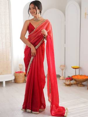 Red ombre sequinned tissue saree 3