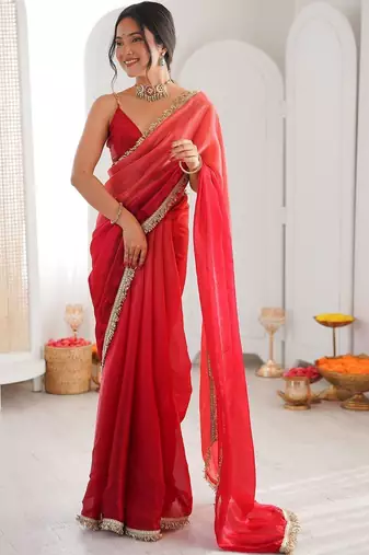 Red ombre sequinned tissue saree