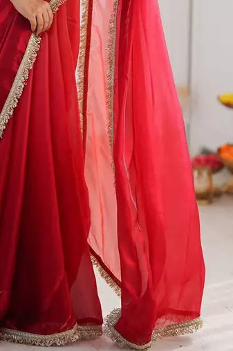 Red ombre sequinned tissue saree
